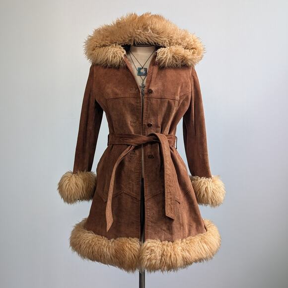 Vintage Brown Suede Coat Penny Lane Jacket Leather Trench Fur Coat Afghan Small - Picture 10 of 15